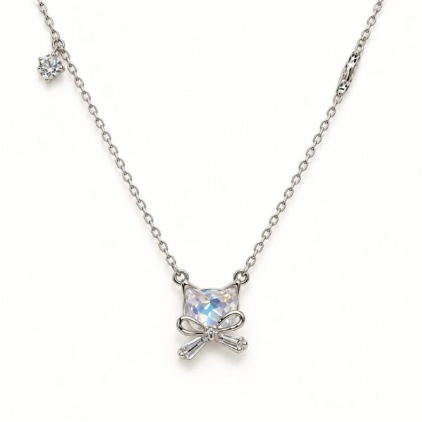Korean Short Chain Silver Cat Bow Crystal Pendant Necklace, silver plated, hypoallergenic, made in Korea