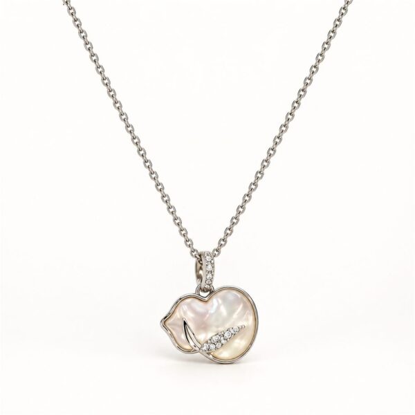 Korean Short Chain Silver Pearlescent Heart Leaf Pendant Necklace, silver plated, hypoallergenic, made in Korea