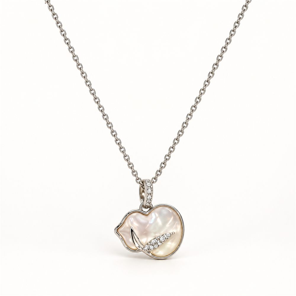 Korean Short Chain Silver Pearlescent Heart Leaf Pendant Necklace, silver plated, hypoallergenic, made in Korea