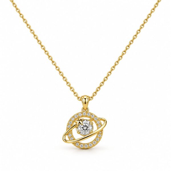 Korean Short Chain Gold Planet Zircon Pendant Necklace, gold plated, hypoallergenic, made in Korea