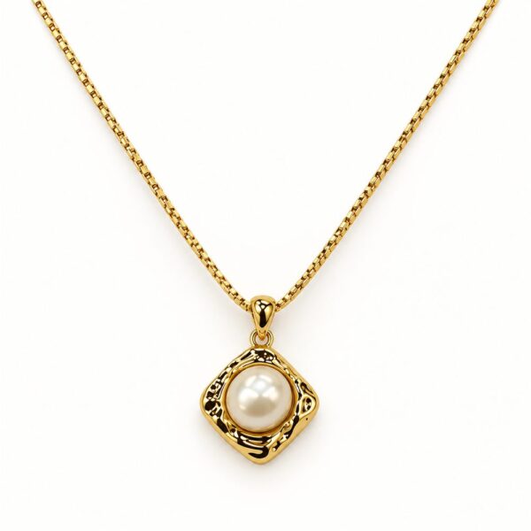 Korean Short Chain Gold Pearl Textured Square Pendant Necklace, gold plated, hypoallergenic, made in Korea