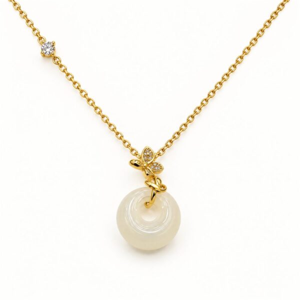 Korean Short Chain Gold Butterfly Cream Disc Pendant Necklace, gold plated, hypoallergenic, made in Korea