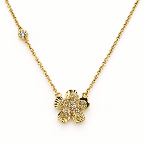 Korean Short Chain Gold Fluted Flower Zircon Necklace, gold plated, hypoallergenic, made in Korea