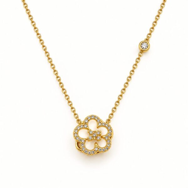 Korean Short Chain Gold Open Blossom Zircon Necklace, gold plated, hypoallergenic, made in Korea