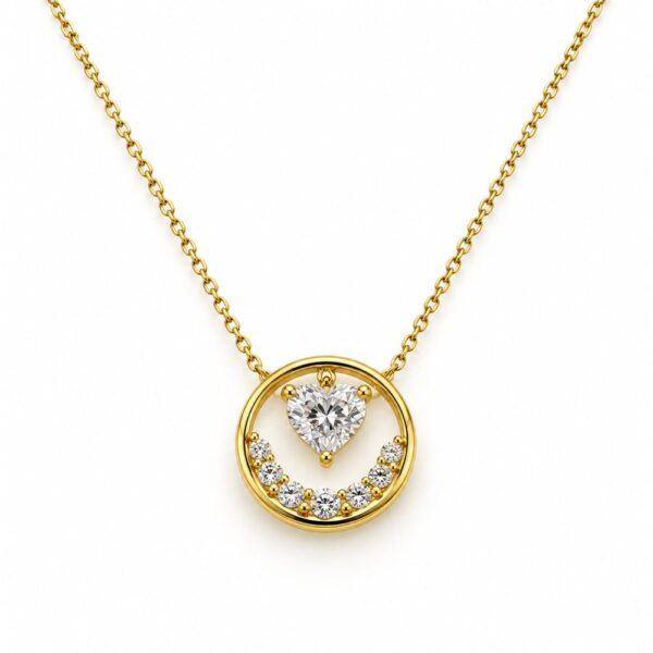 Korean Short Chain Gold Heart Zircon Circle Pendant Necklace, gold plated, hypoallergenic, made in Korea