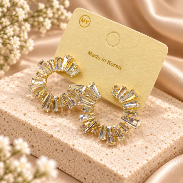 Korean sunburst baguette crystal earrings in gold, made in Korea