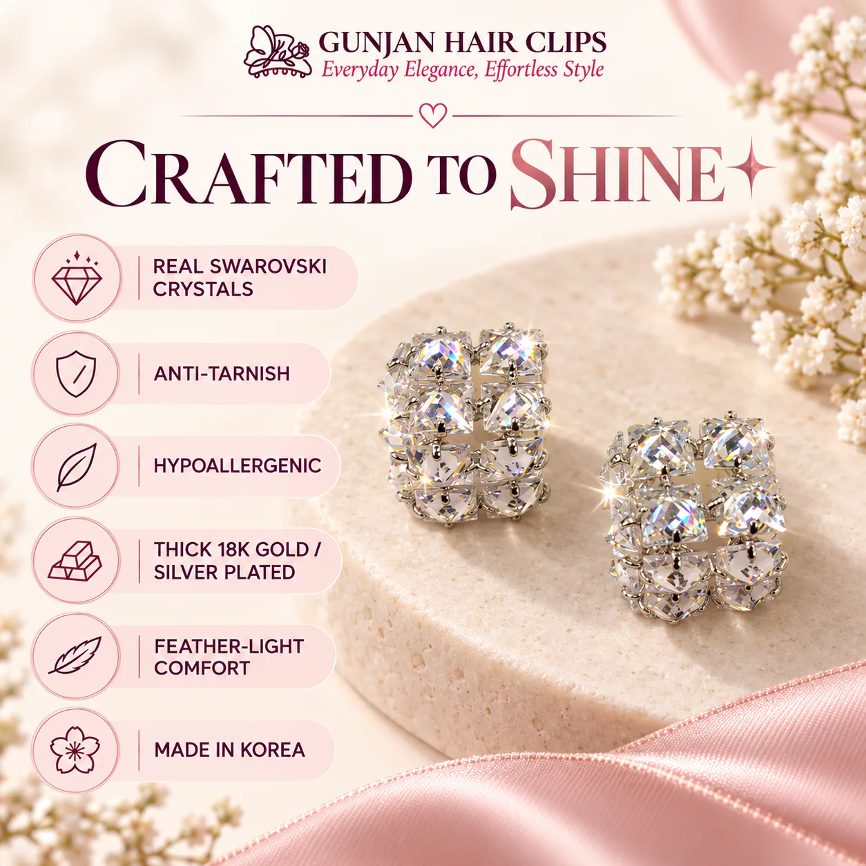 Korean multi-cut crystal cluster stud earrings in silver with anti-tarnish finish