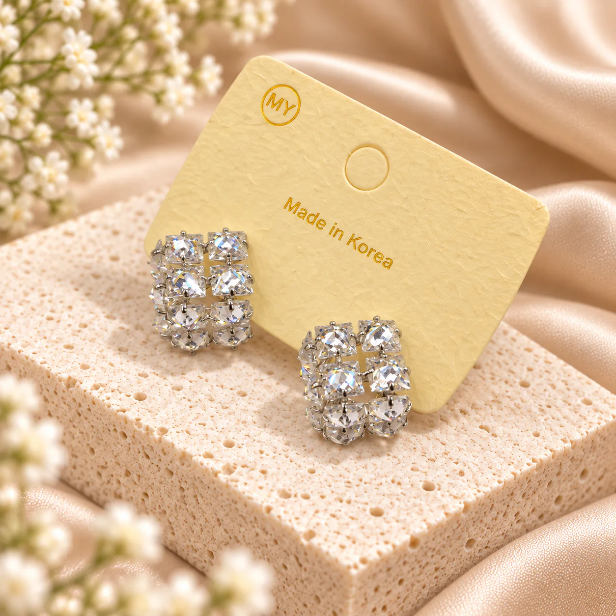 Korean multi-cut crystal cluster stud earrings in silver, made in Korea