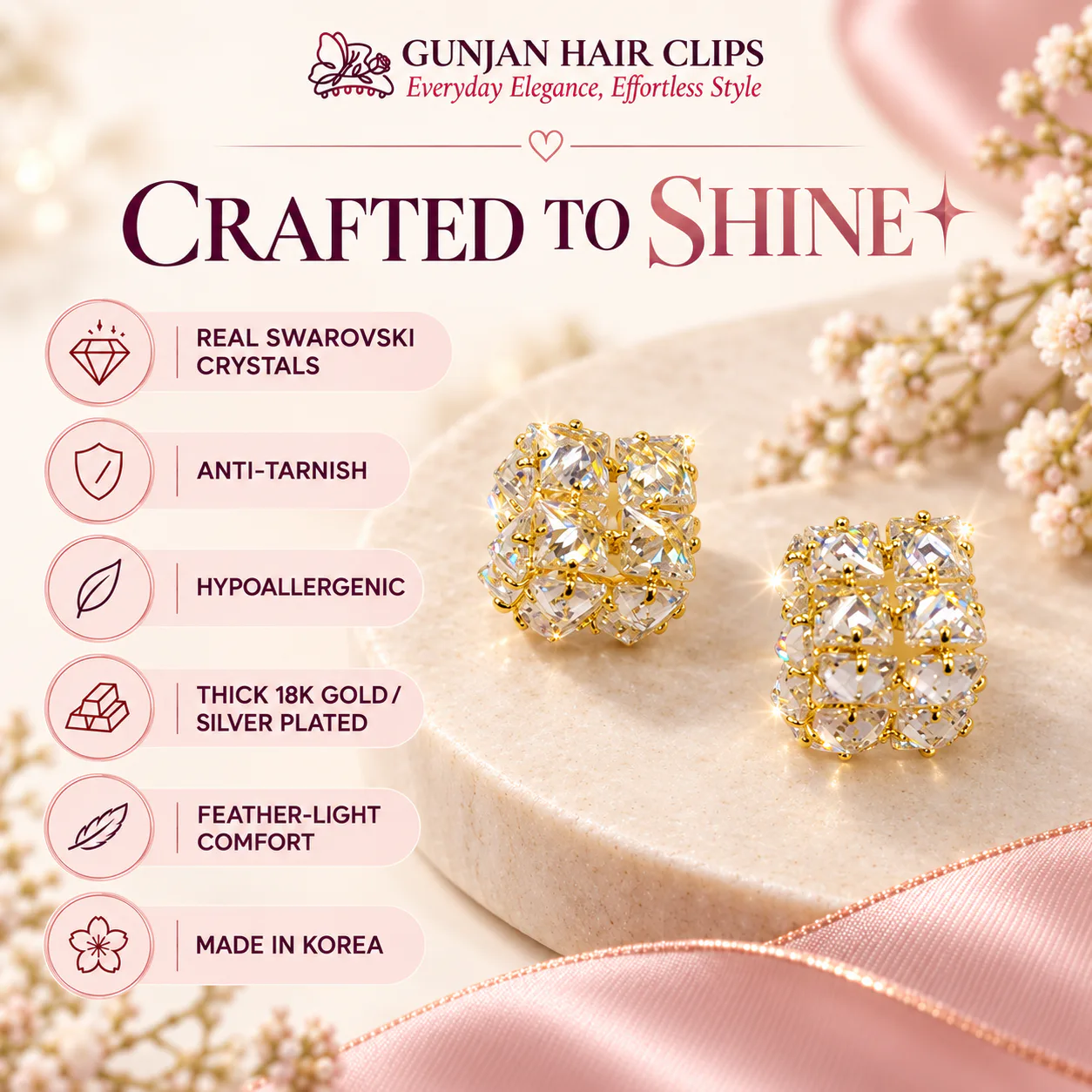 Korean multi-cut crystal cluster stud earrings in gold with anti-tarnish finish