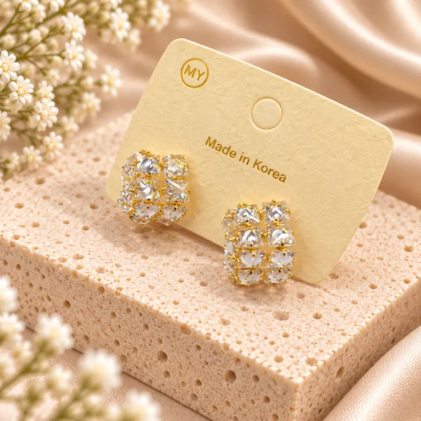Korean multi-cut crystal cluster stud earrings in gold, made in Korea