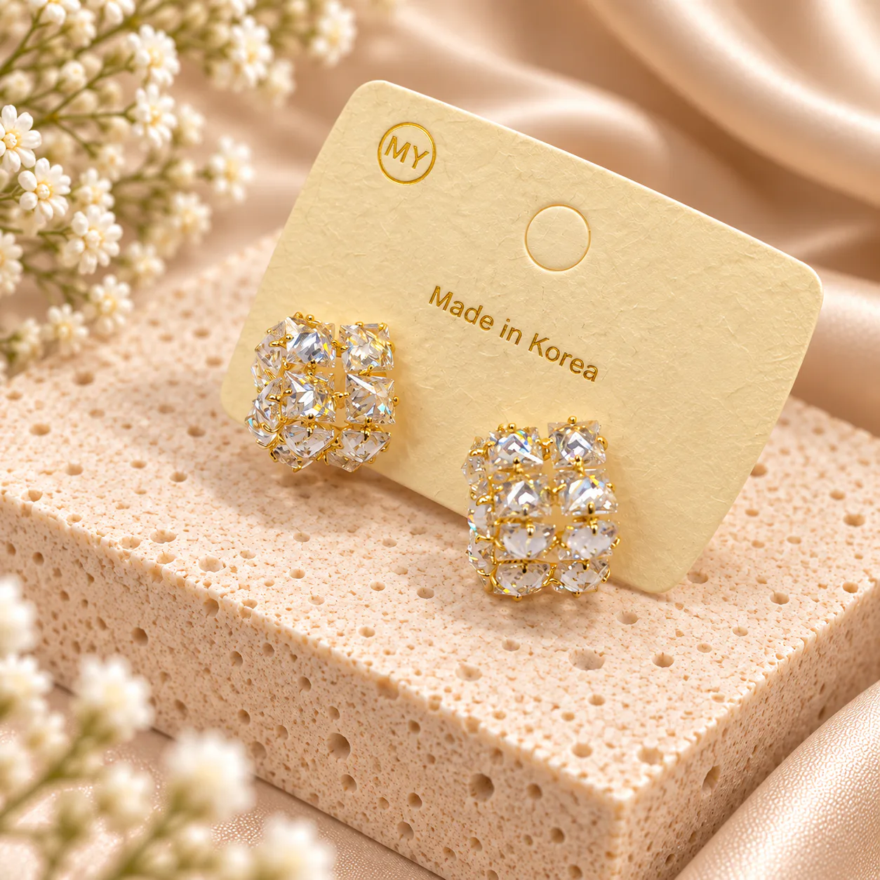 Korean multi-cut crystal cluster stud earrings in gold, made in Korea