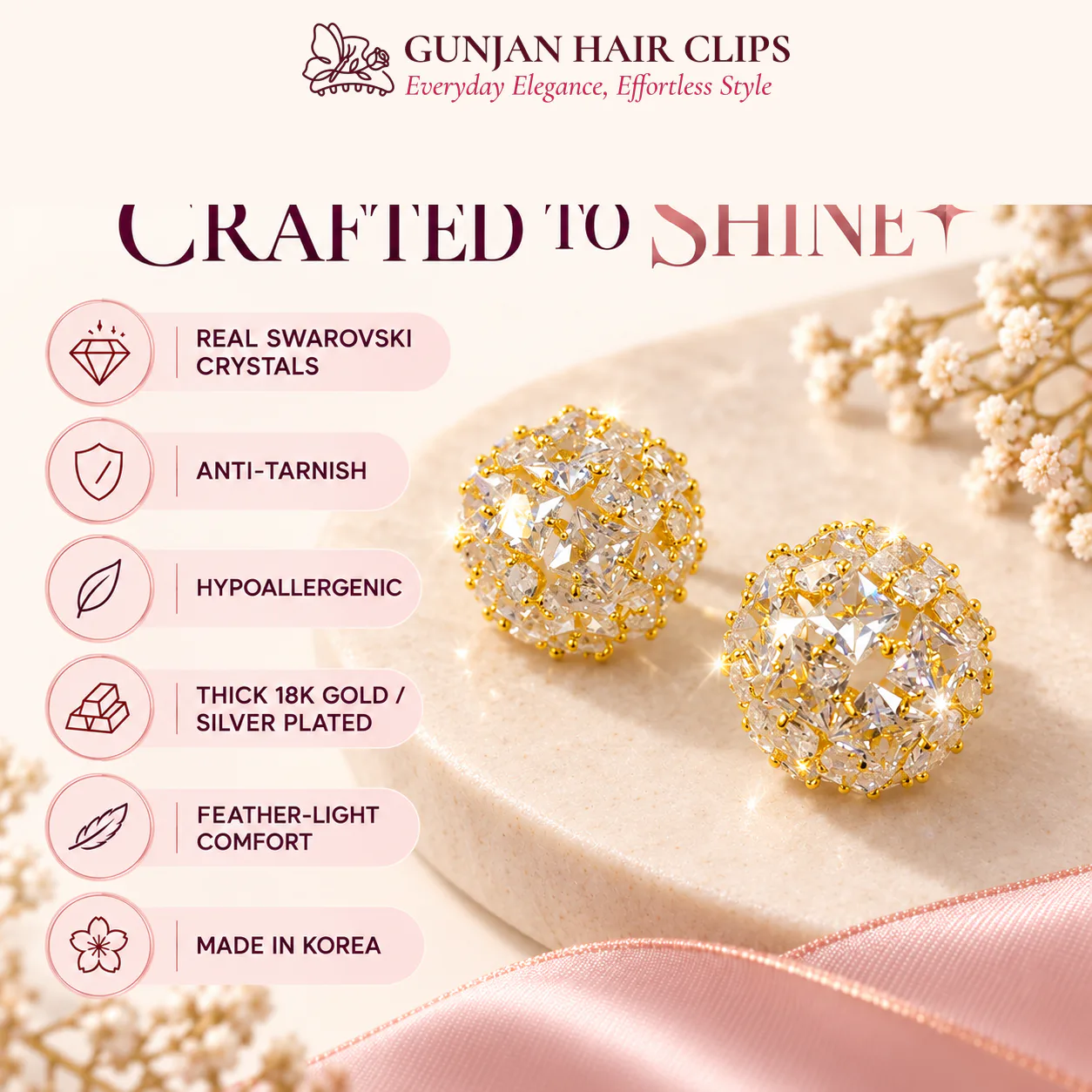 Korean domed crystal cluster stud earrings in gold with anti-tarnish finish