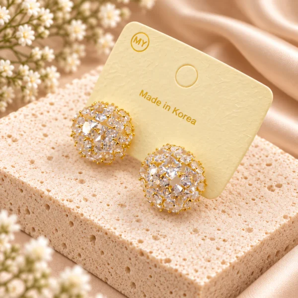 Korean domed crystal cluster stud earrings in gold, made in Korea