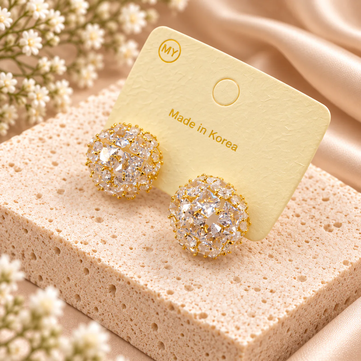 Korean domed crystal cluster stud earrings in gold, made in Korea