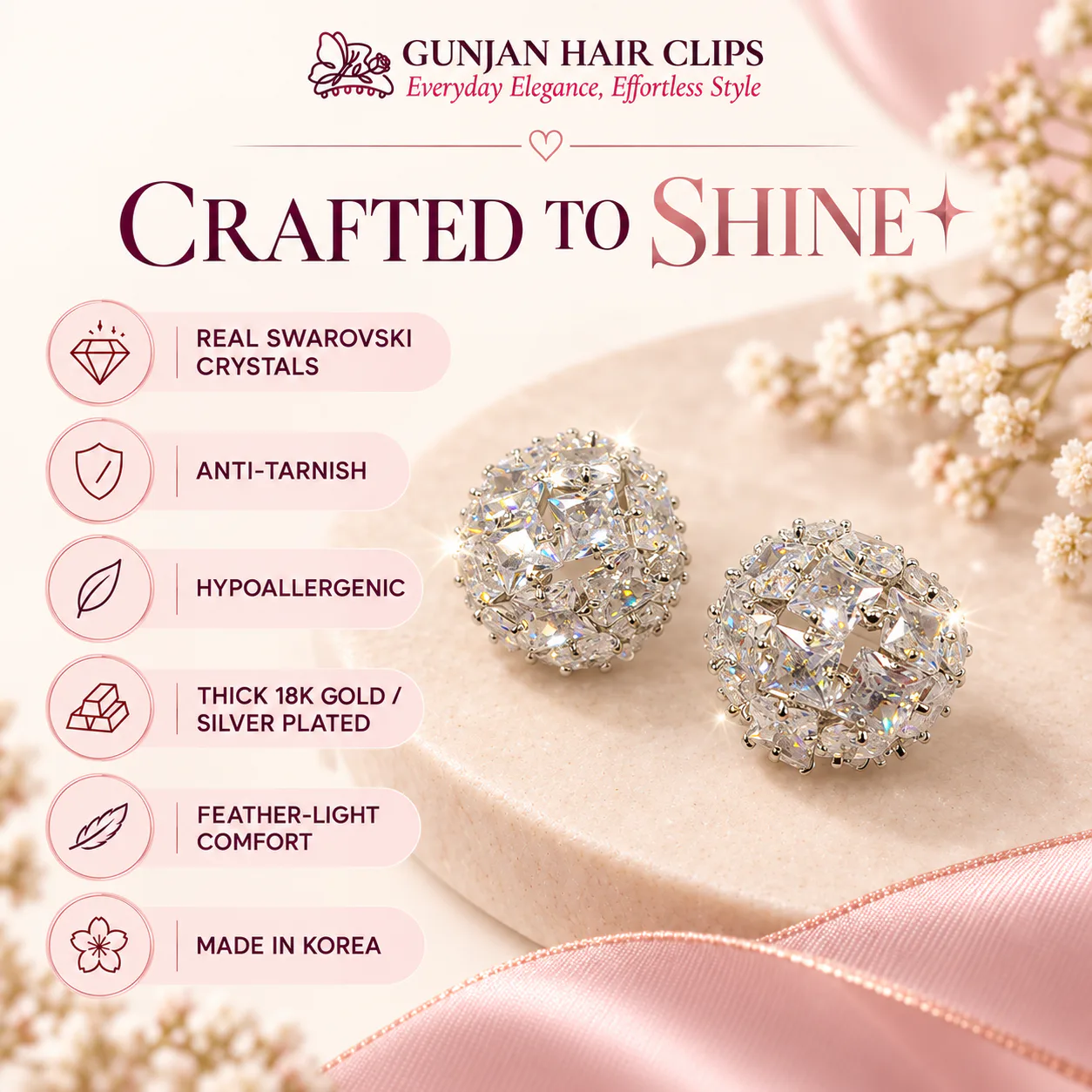 Korean domed crystal cluster stud earrings in silver with anti-tarnish finish