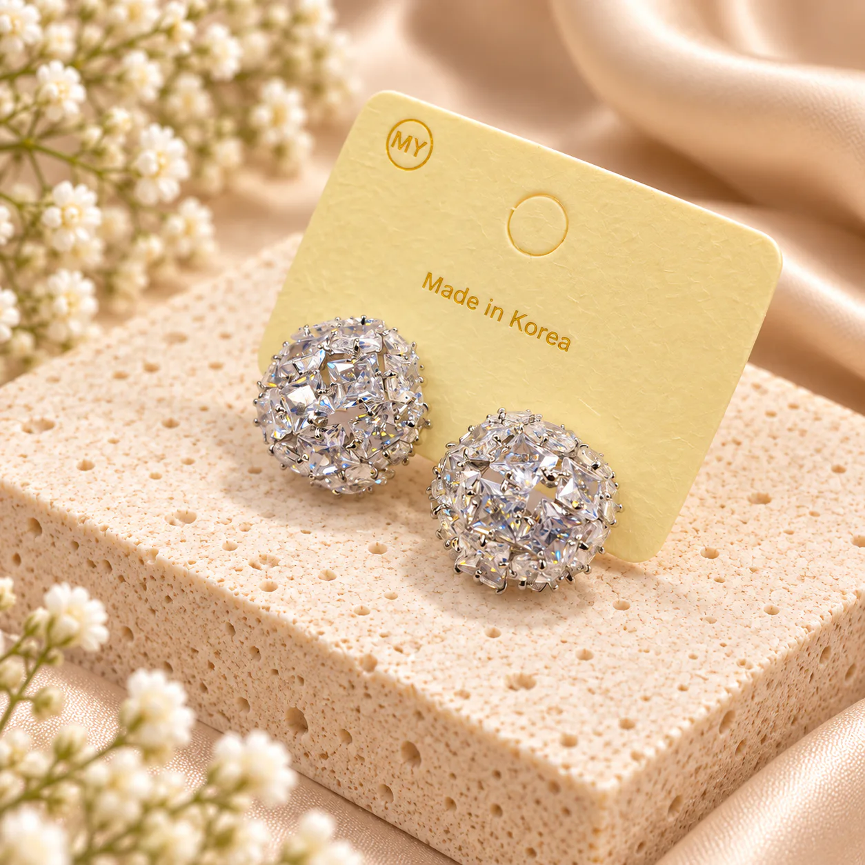 Korean domed crystal cluster stud earrings in silver, made in Korea