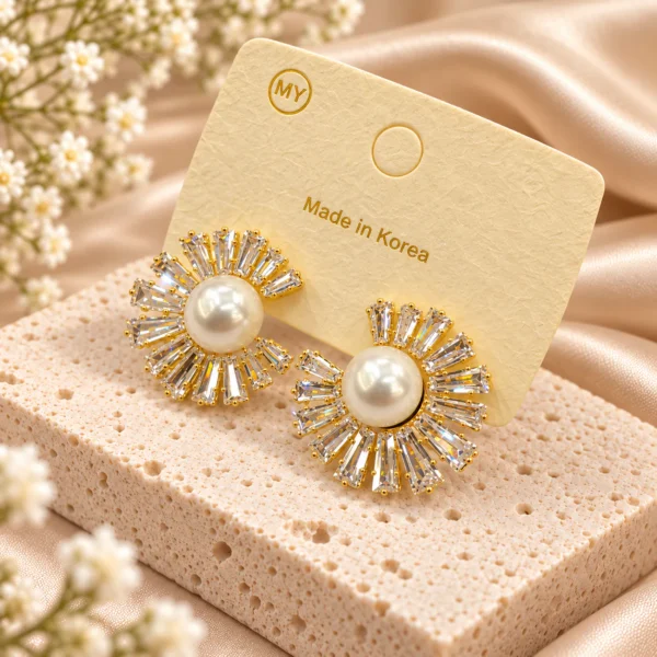 Korean pearl sunburst crystal earrings in gold, made in Korea