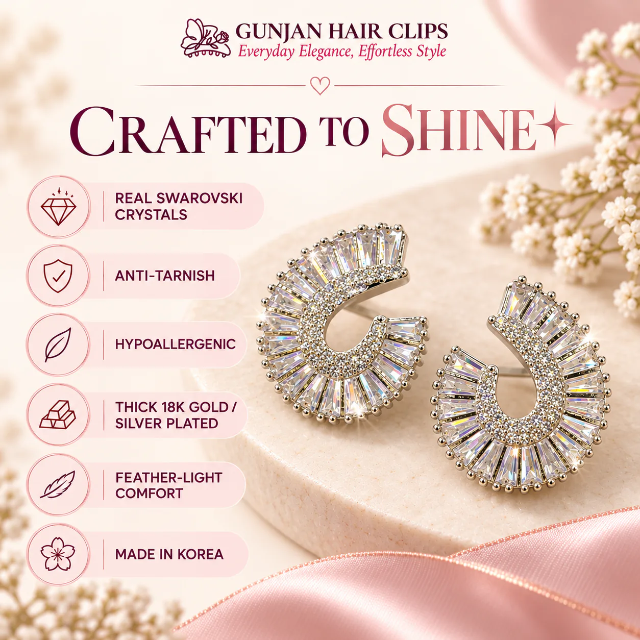 Korean arch baguette crystal earrings in silver with anti-tarnish finish