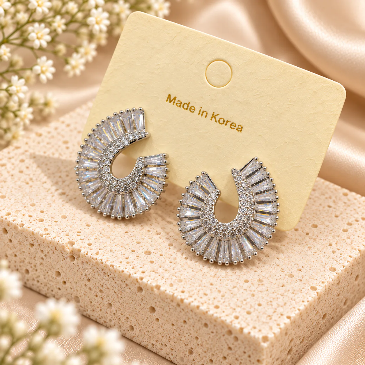Korean arch baguette crystal earrings in silver, made in Korea