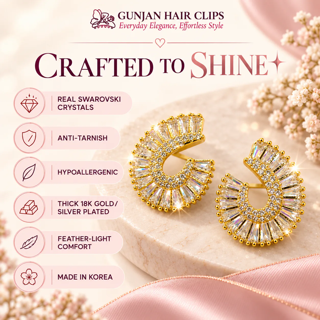 Korean arch baguette crystal earrings in gold with anti-tarnish finish