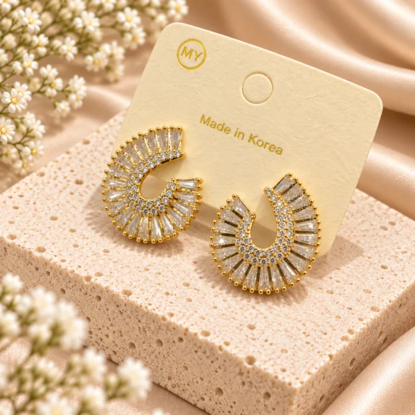 Korean arch baguette crystal earrings in gold, made in Korea