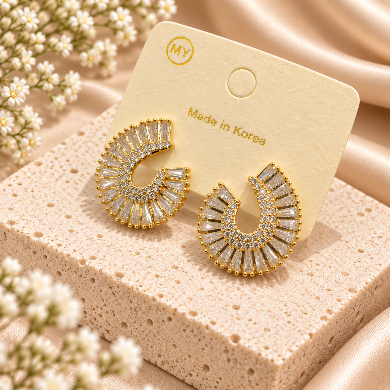 Korean arch baguette crystal earrings in gold, made in Korea