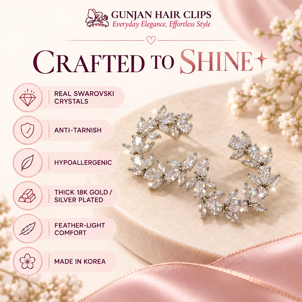 Korean marquise leaf wreath crystal earrings in silver with anti-tarnish finish
