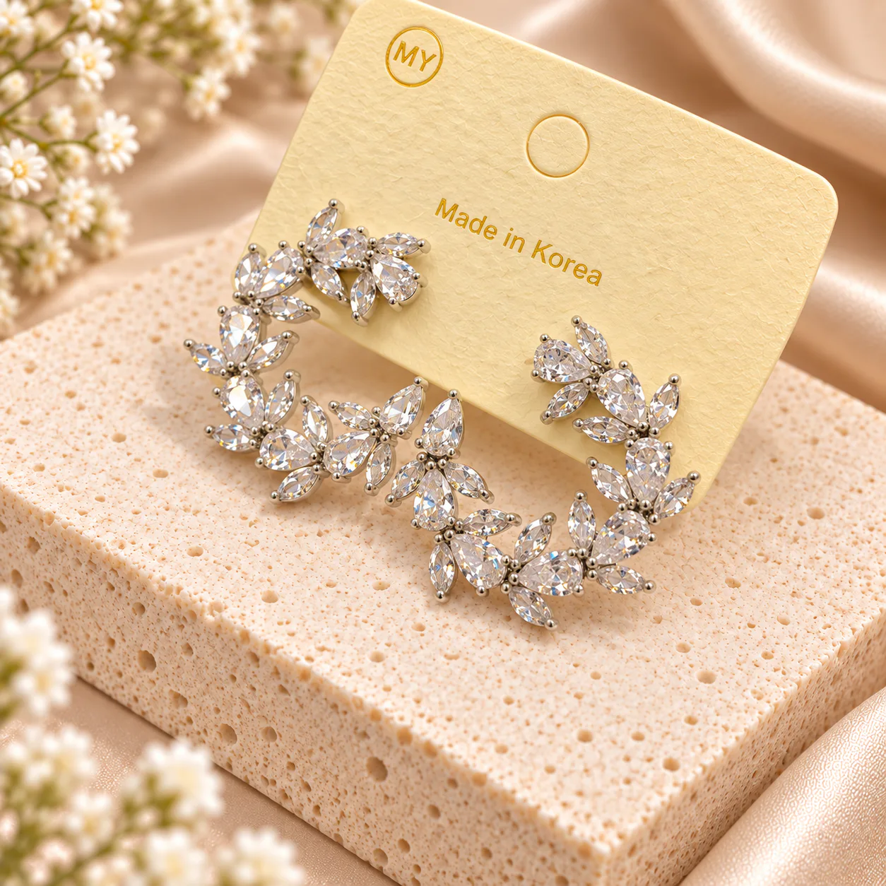 Korean marquise leaf wreath crystal earrings in silver, made in Korea