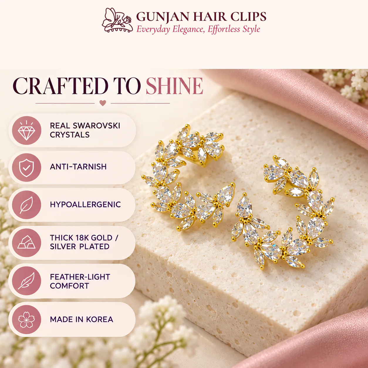 Korean marquise leaf wreath crystal earrings in gold with anti-tarnish finish