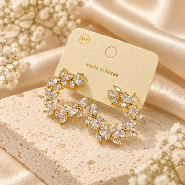 Korean marquise leaf wreath crystal earrings in gold, made in Korea
