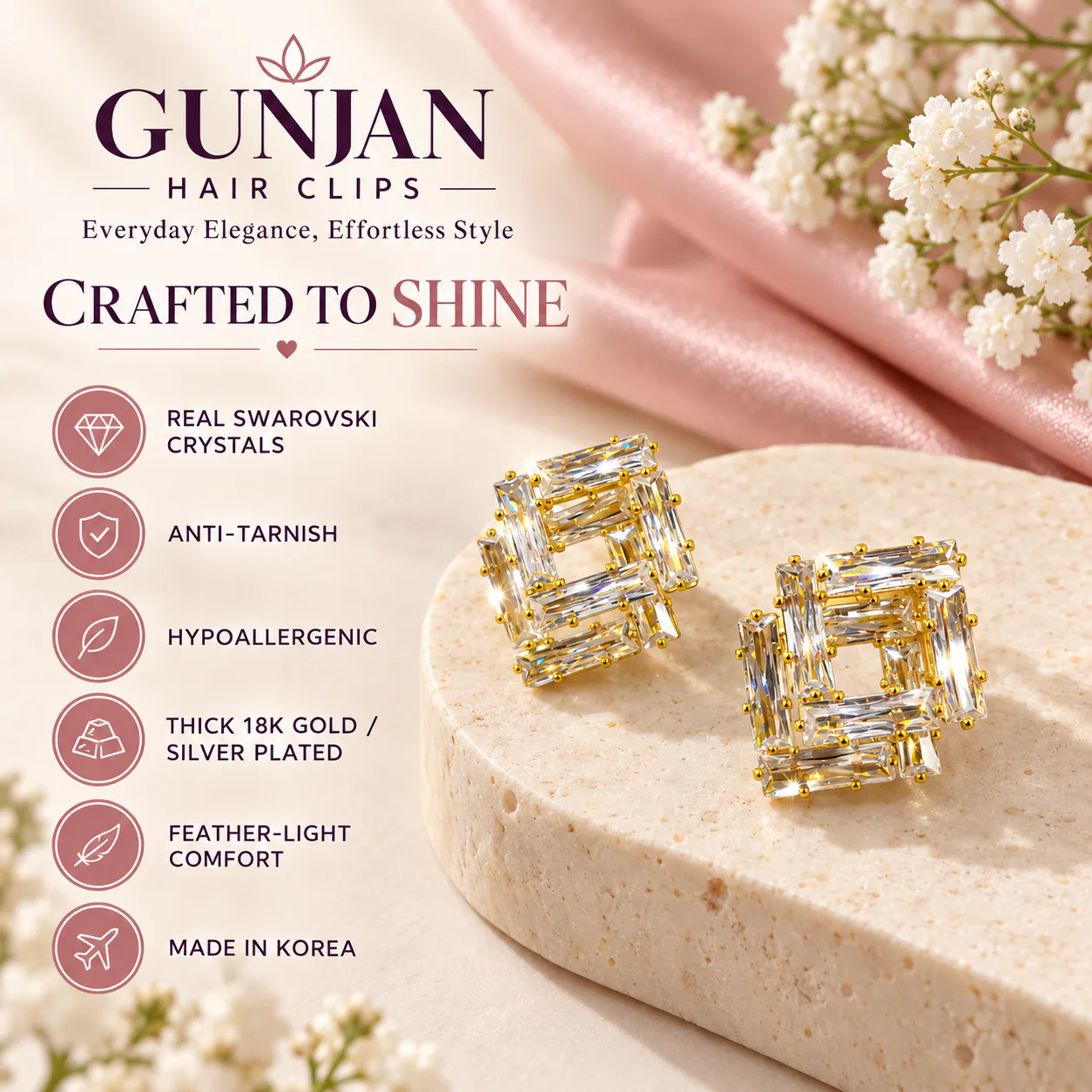Korean baguette crystal square frame earrings in gold with anti-tarnish finish
