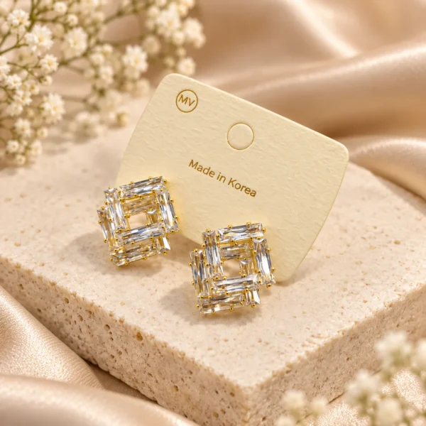 Korean baguette crystal square frame earrings in gold, made in Korea