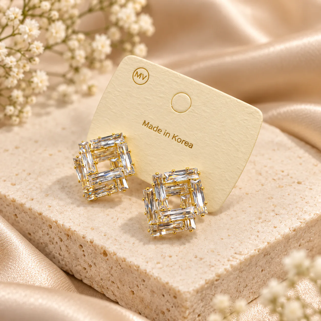 Korean baguette crystal square frame earrings in gold, made in Korea