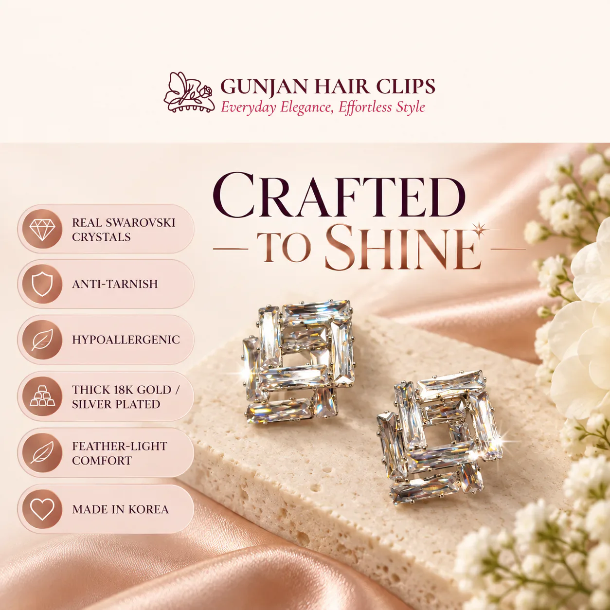 Korean baguette crystal square frame earrings in silver with anti-tarnish finish