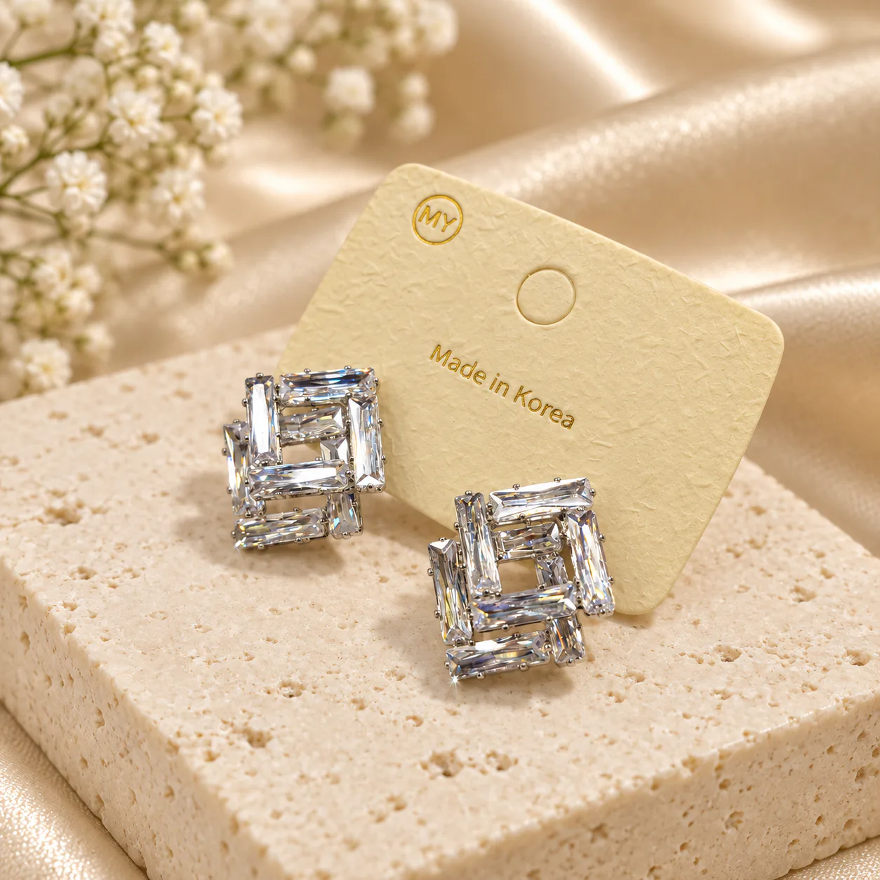 Korean baguette crystal square frame earrings in silver, made in Korea