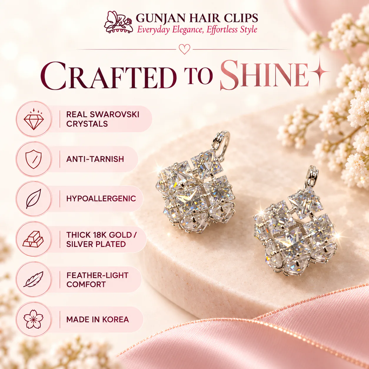 Korean crystal cluster drop earrings in silver with anti-tarnish finish