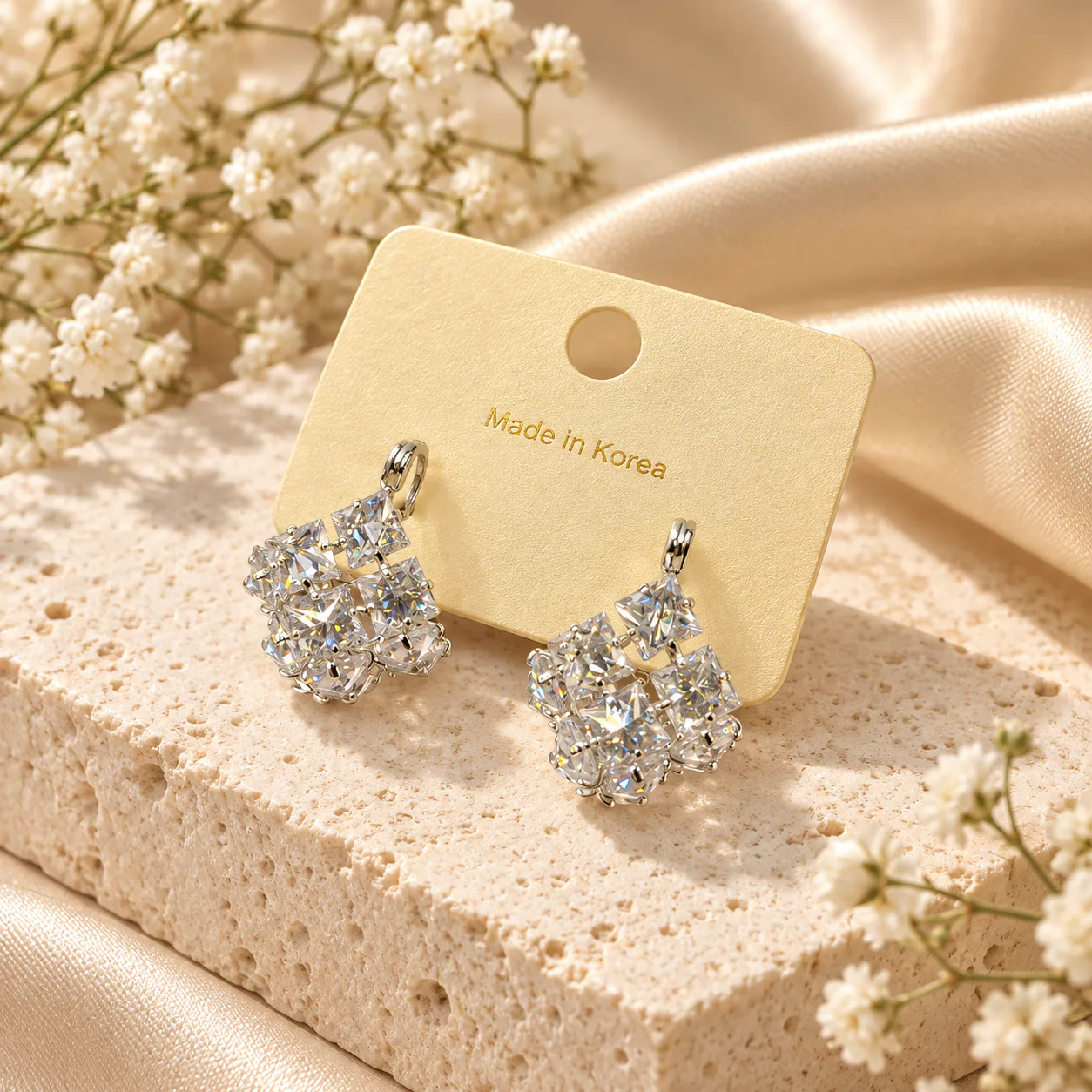 Korean crystal cluster drop earrings in silver, made in Korea