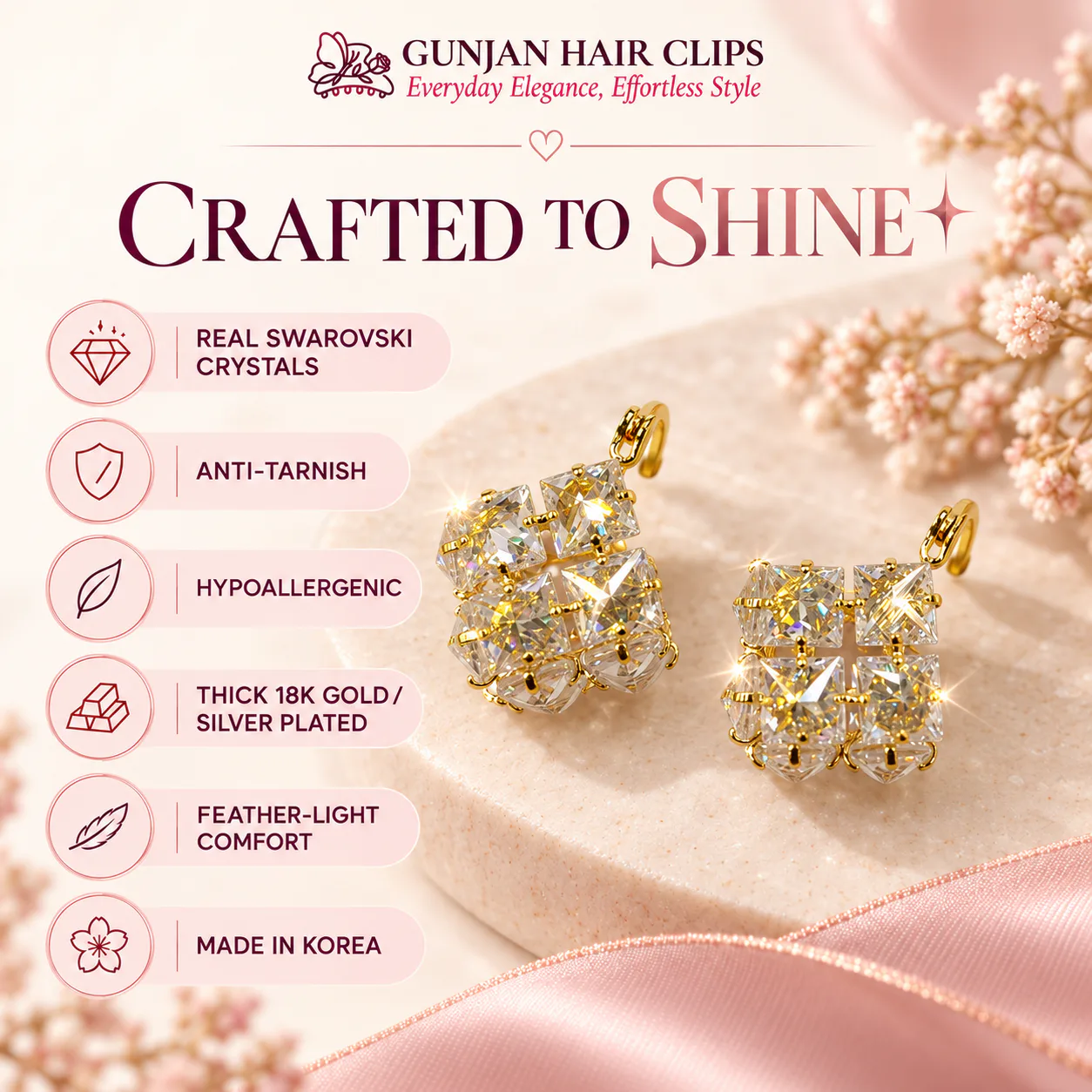 Korean crystal cluster drop earrings in gold with anti-tarnish finish