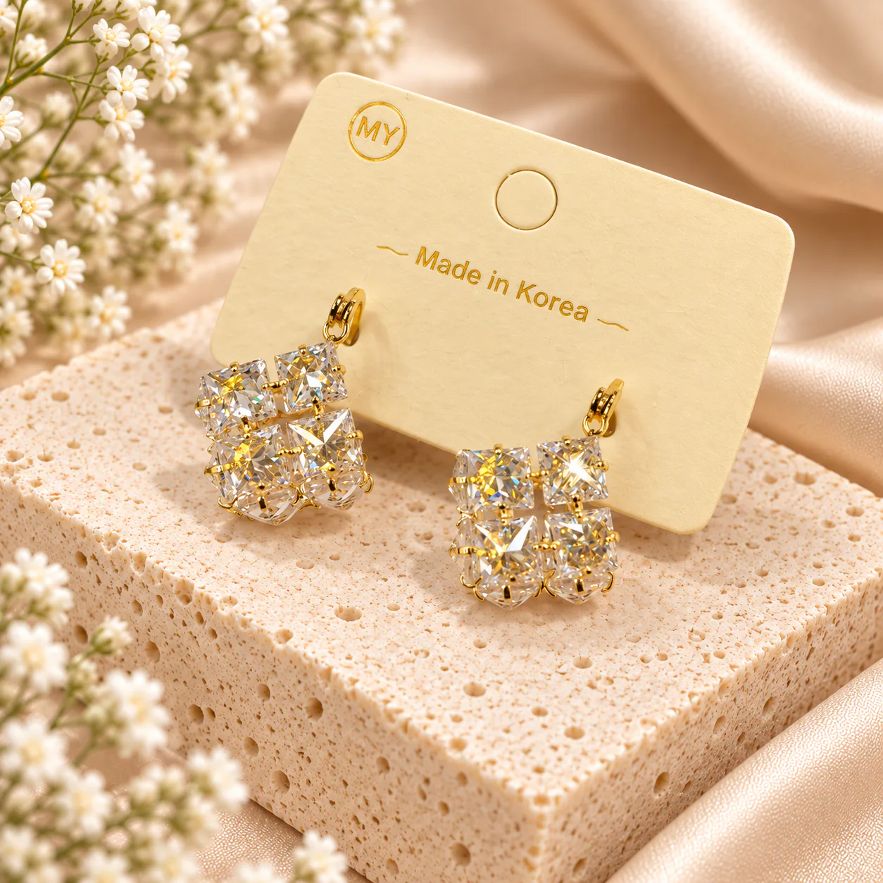 Korean crystal cluster drop earrings in gold, made in Korea