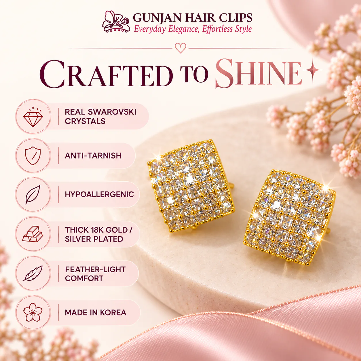 Korean pave crystal square stud earrings in gold with anti-tarnish finish