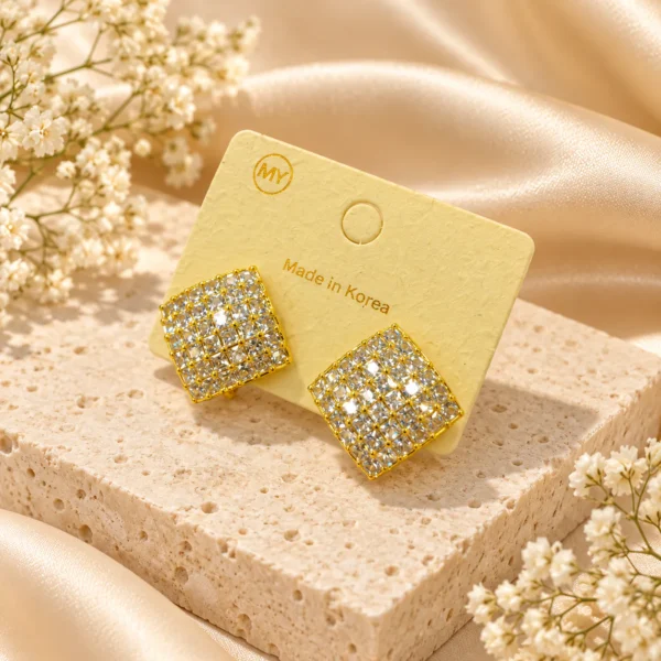 Korean pave crystal square stud earrings in gold, made in Korea