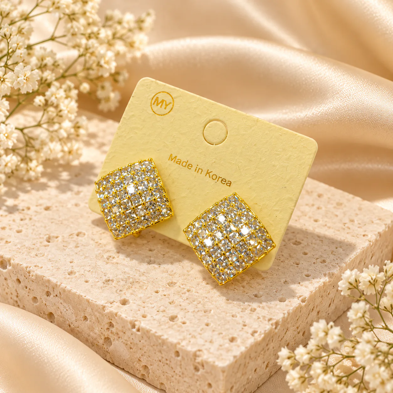 Korean pave crystal square stud earrings in gold, made in Korea