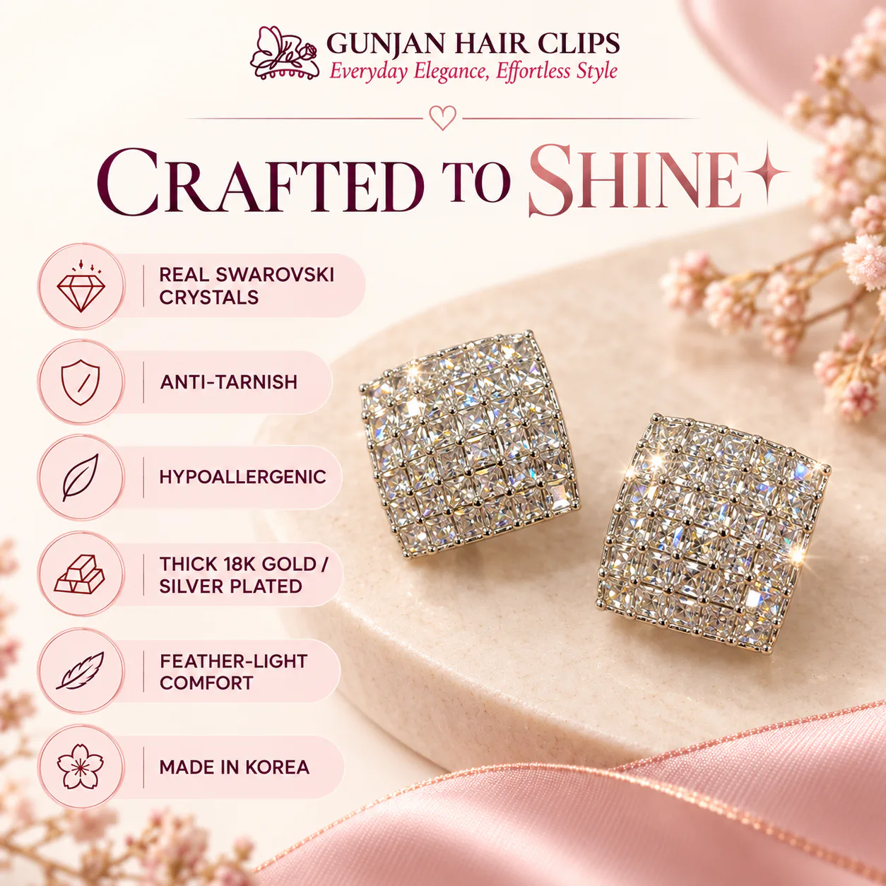 Korean pave crystal square stud earrings in silver with anti-tarnish finish