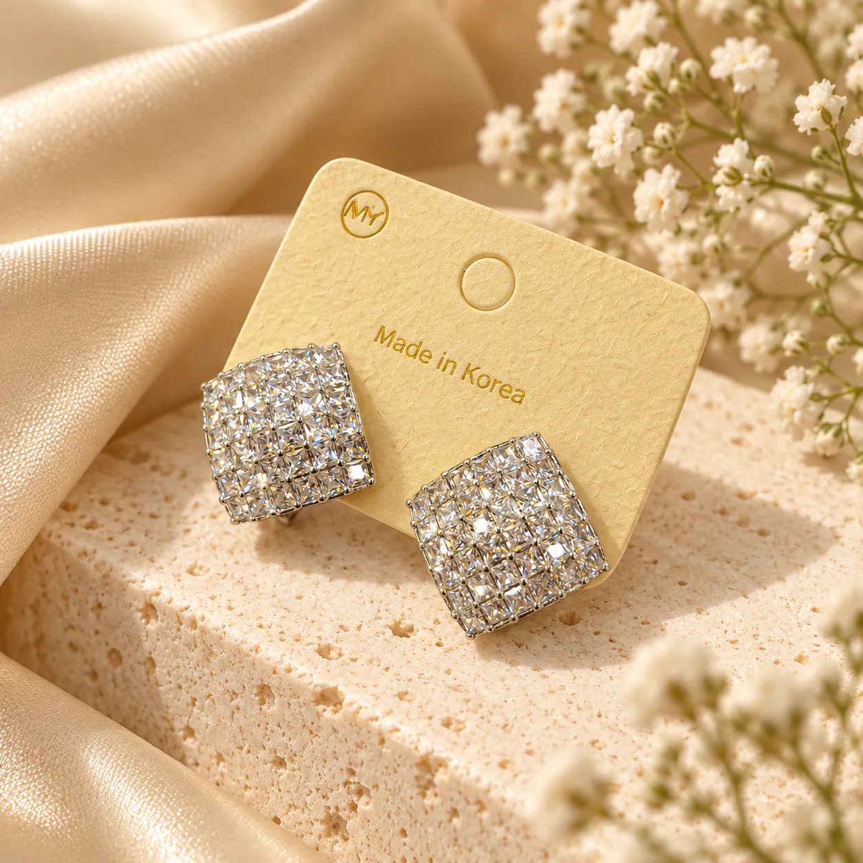 Korean pave crystal square stud earrings in silver, made in Korea