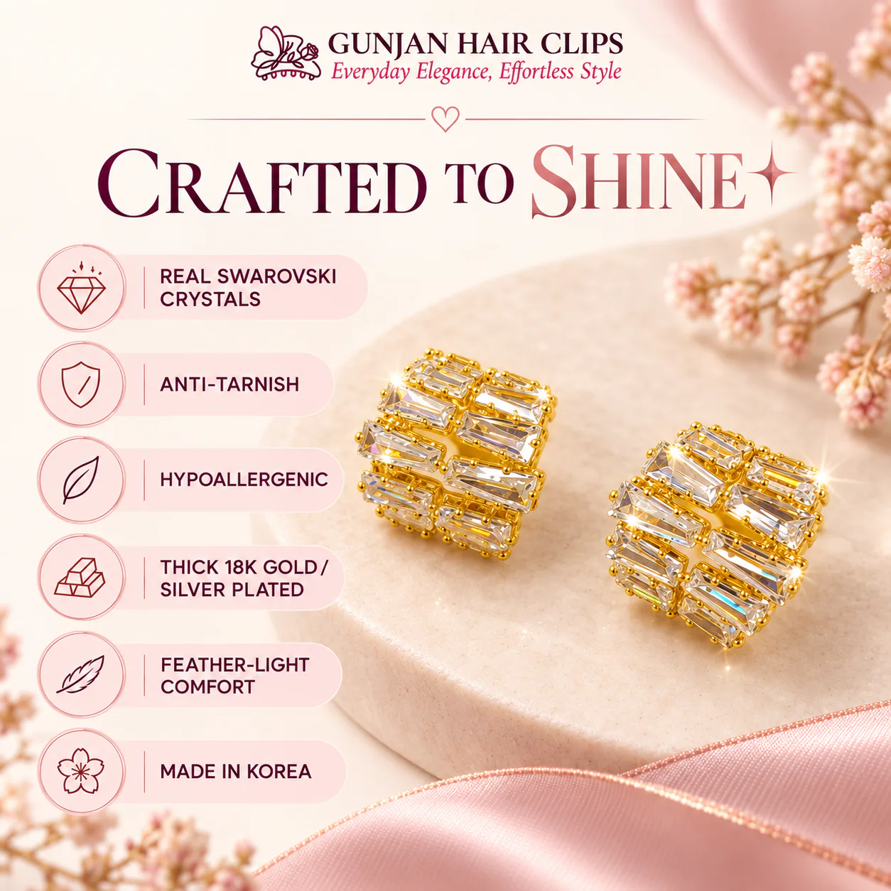 Korean baguette crystal cushion stud earrings in gold with anti-tarnish finish