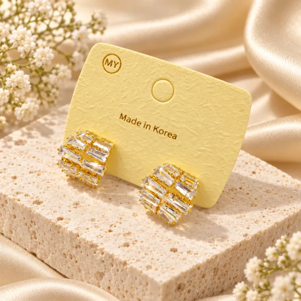 Korean baguette crystal cushion stud earrings in gold, made in Korea