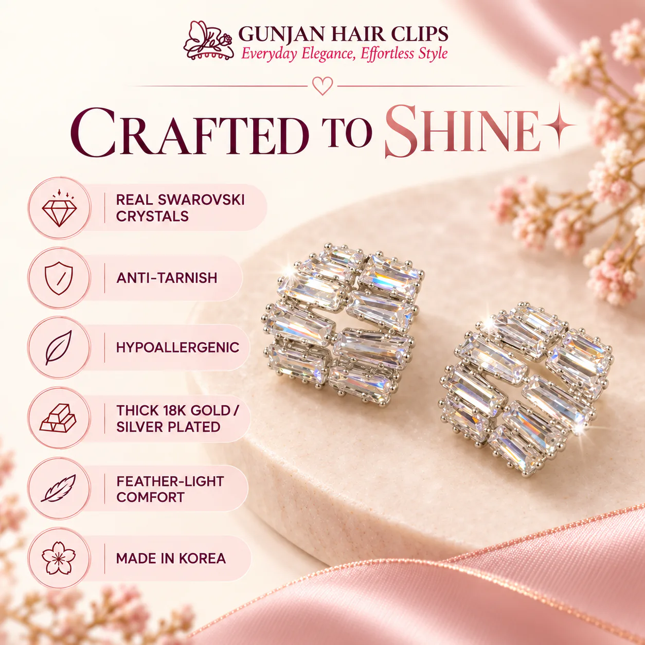 Korean baguette crystal cushion stud earrings in silver with anti-tarnish finish