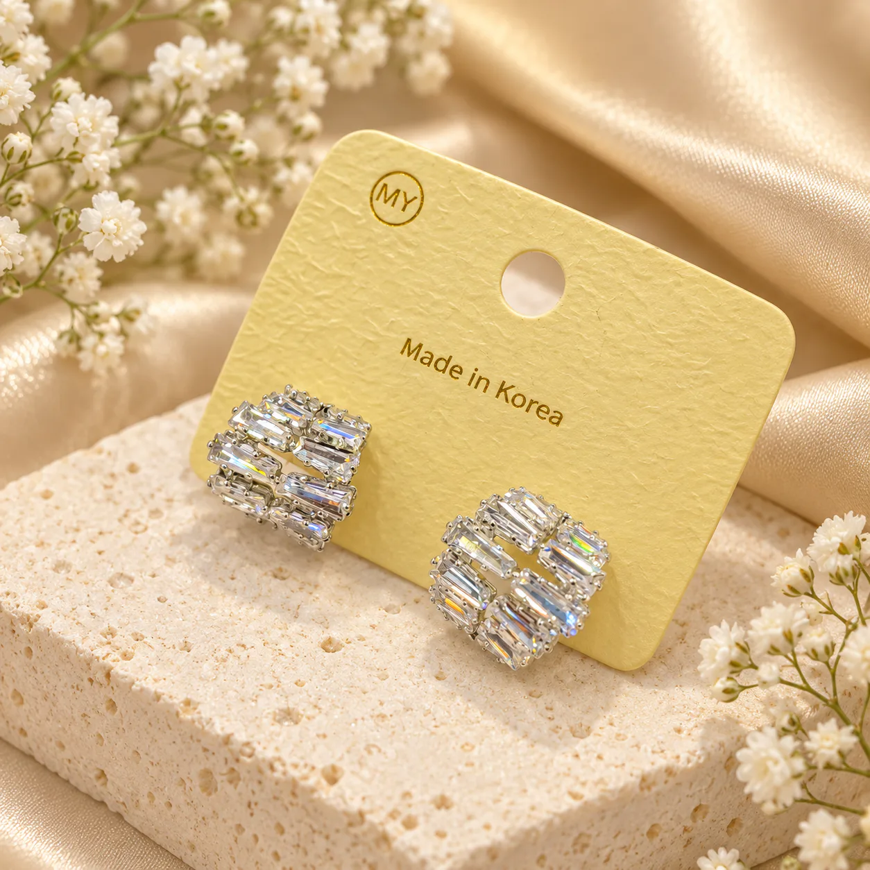 Korean baguette crystal cushion stud earrings in silver, made in Korea