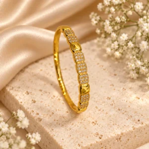 Korean gold leaf accent stone panel kada bracelet, stainless steel, anti-tarnish