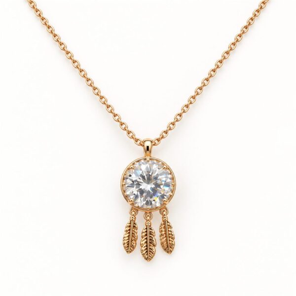 Korean Short Chain Rose Gold Zircon Dreamcatcher Feather Pendant Necklace, rose gold plated, hypoallergenic, made in Korea